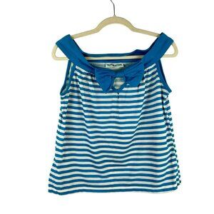 NEW Vintage 90s Tropical Resort Shirt Women Medium Blue White Stripe Boat Neck‎